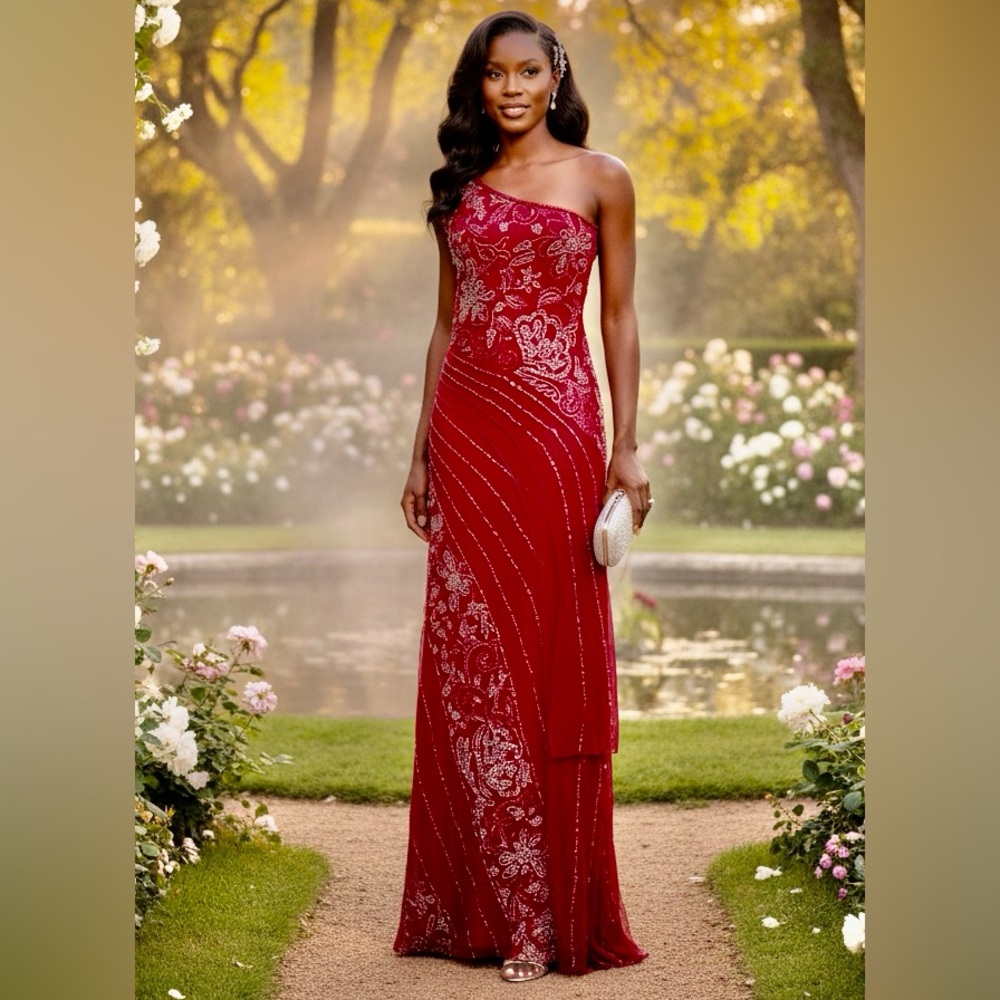 Elegant Raspberry color hand beaded One-Shoulder Dress